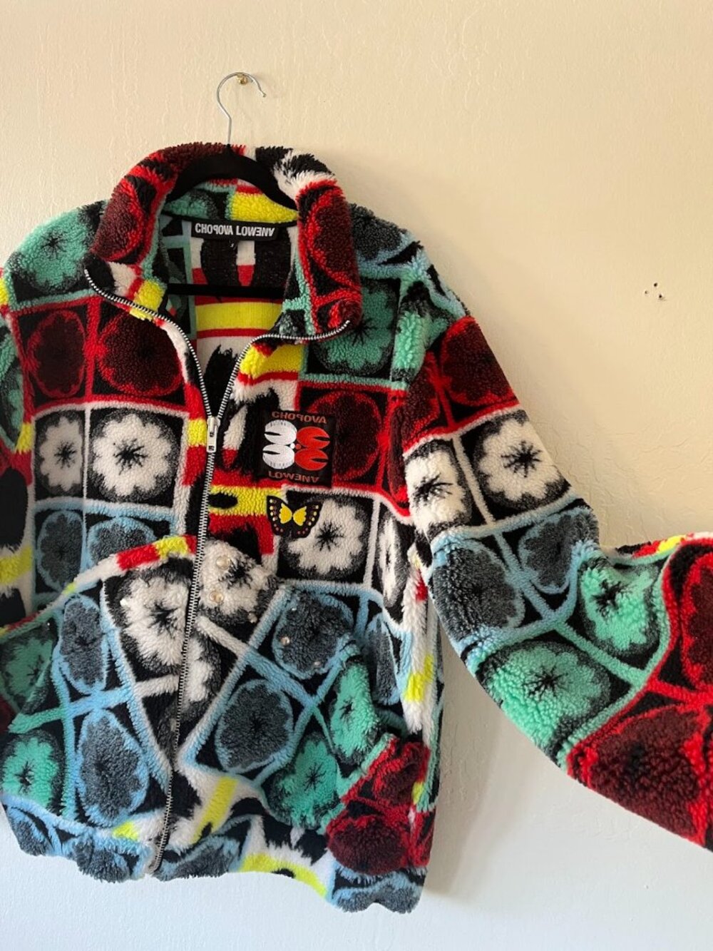 Chopova Lowena Petzi Fleece Bomber Jacket Multi Color Floral Grid Patch Size S